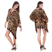 Black and Gold Abstract Print V-Neck Tunic Poncho Coverup