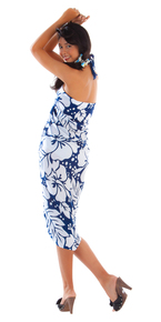 3 Row Hibiscus Sarong in Navy Blue/White
